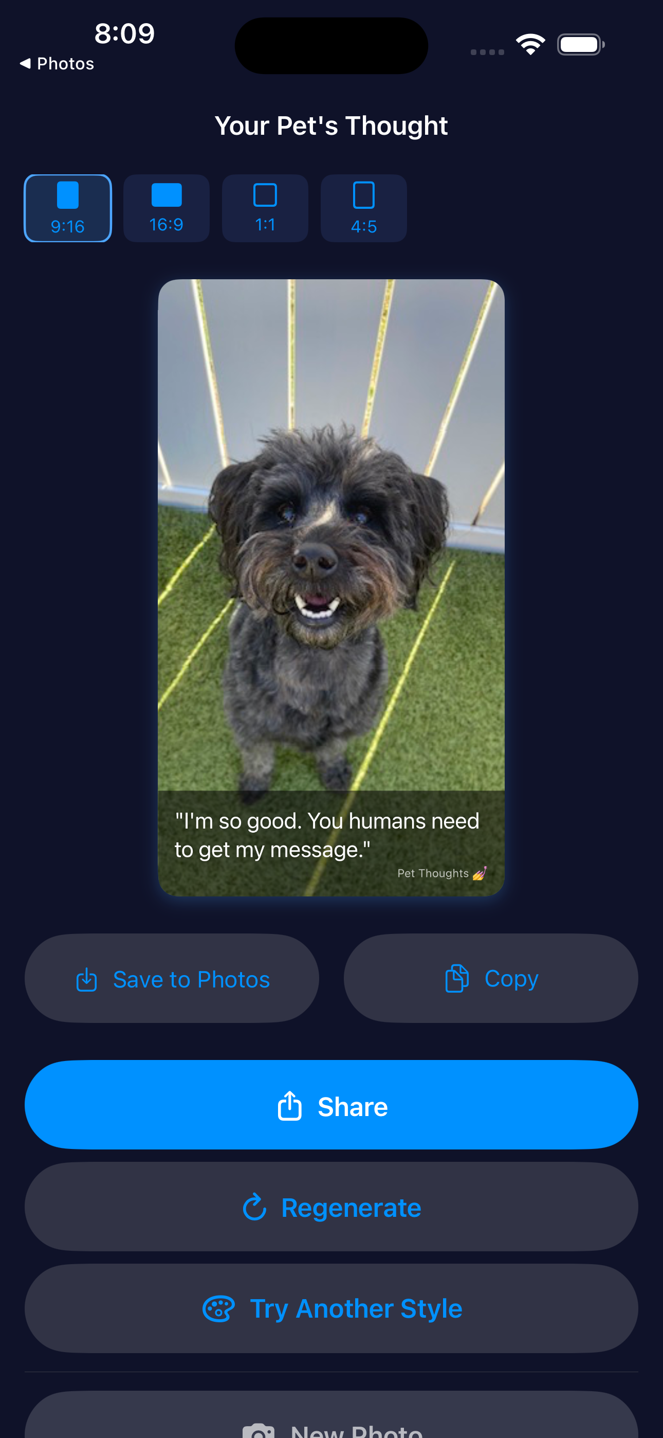 Pet Thoughts sassy mode result